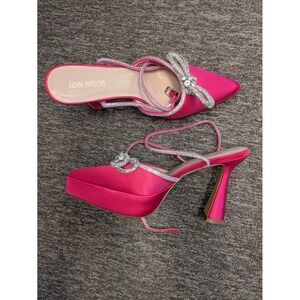 Jenn Ardor Platform Heels Women's 10M Hot Pink Rhinestone Bow Satin Flared Heel